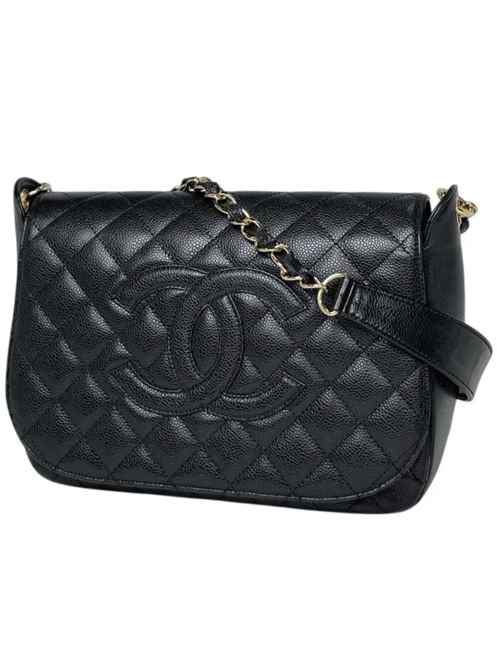 Chanel Shoulder Bag CC Logo Quilted Caviar Leather Black
